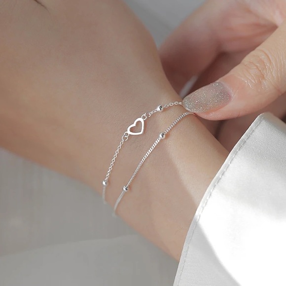 925 Sterling Silver Double Layer Bracelet Heart For Women Sweet Chain St… - Picture 4 of 6
